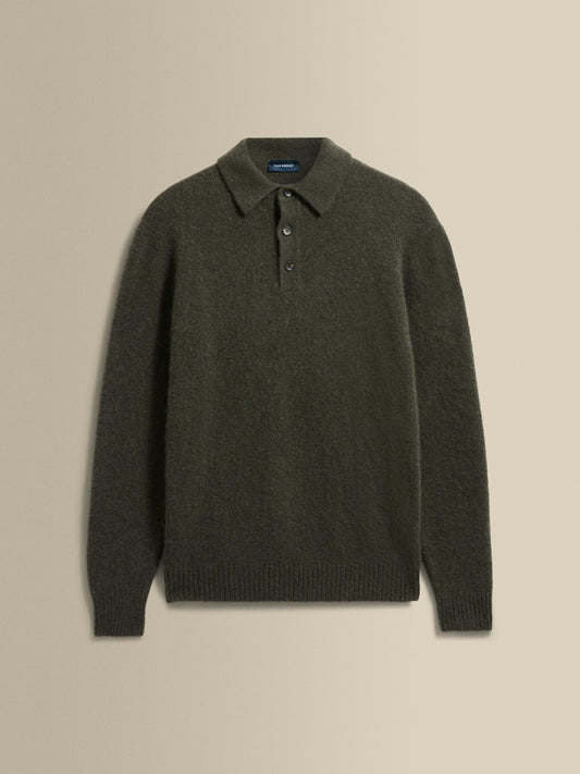 Brushed Cashmere Silk Long Sleeve Polo Shirt Charcoal Green Product Image