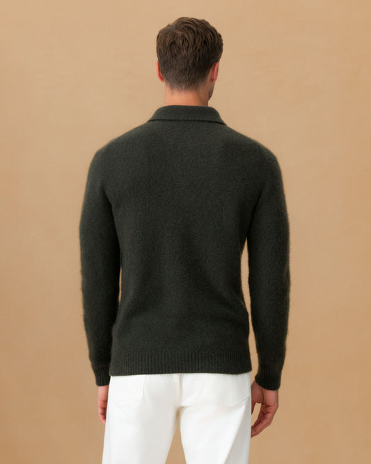 Brushed Cashmere Silk Long Sleeve Polo Shirt Charcoal Green Back Model Image