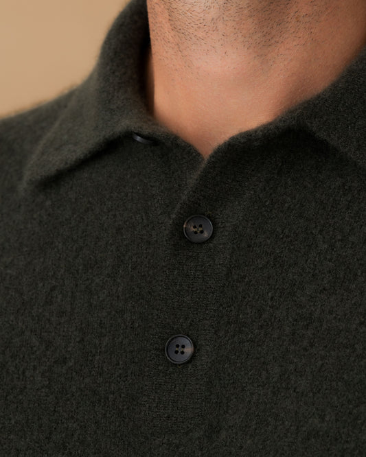 Brushed Cashmere Silk Long Sleeve Polo Shirt Charcoal Green Button Model Image