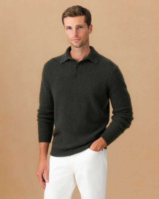 Brushed Cashmere Silk Long Sleeve Polo Shirt Charcoal Green Cropped Model Image