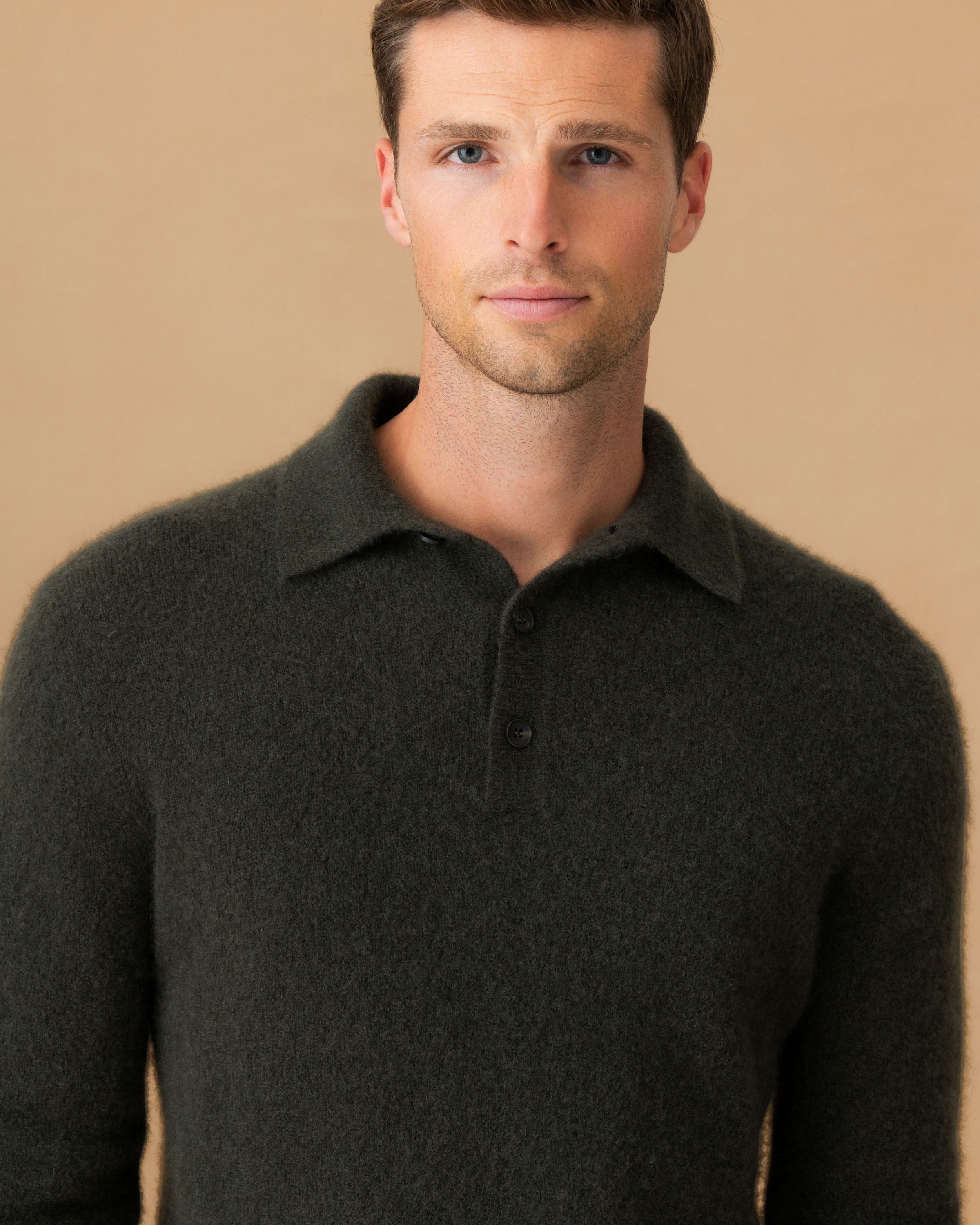 Brushed Cashmere Silk Long Sleeve Polo Shirt Charcoal Green Collar Model Image