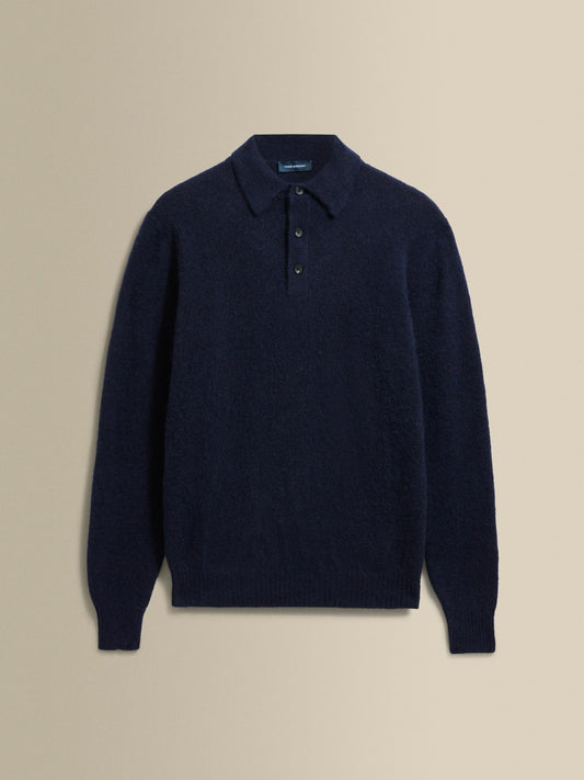 Brushed Cashmere Silk Long Sleeve Polo Shirt Navy Product Image