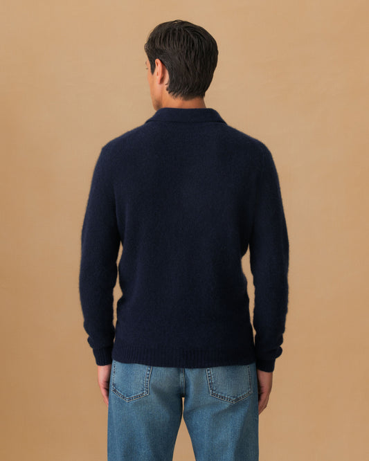 Brushed Cashmere Silk Long Sleeve Polo Shirt Navy Back Model Image