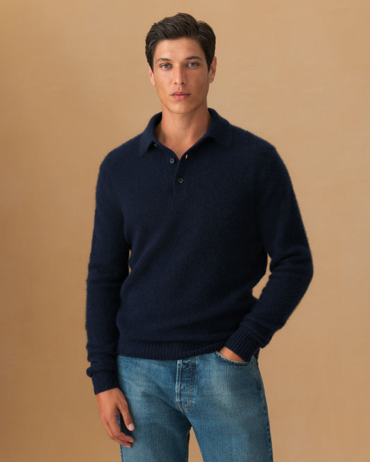 Brushed Cashmere Silk Long Sleeve Polo Shirt Navy Cropped Model Image