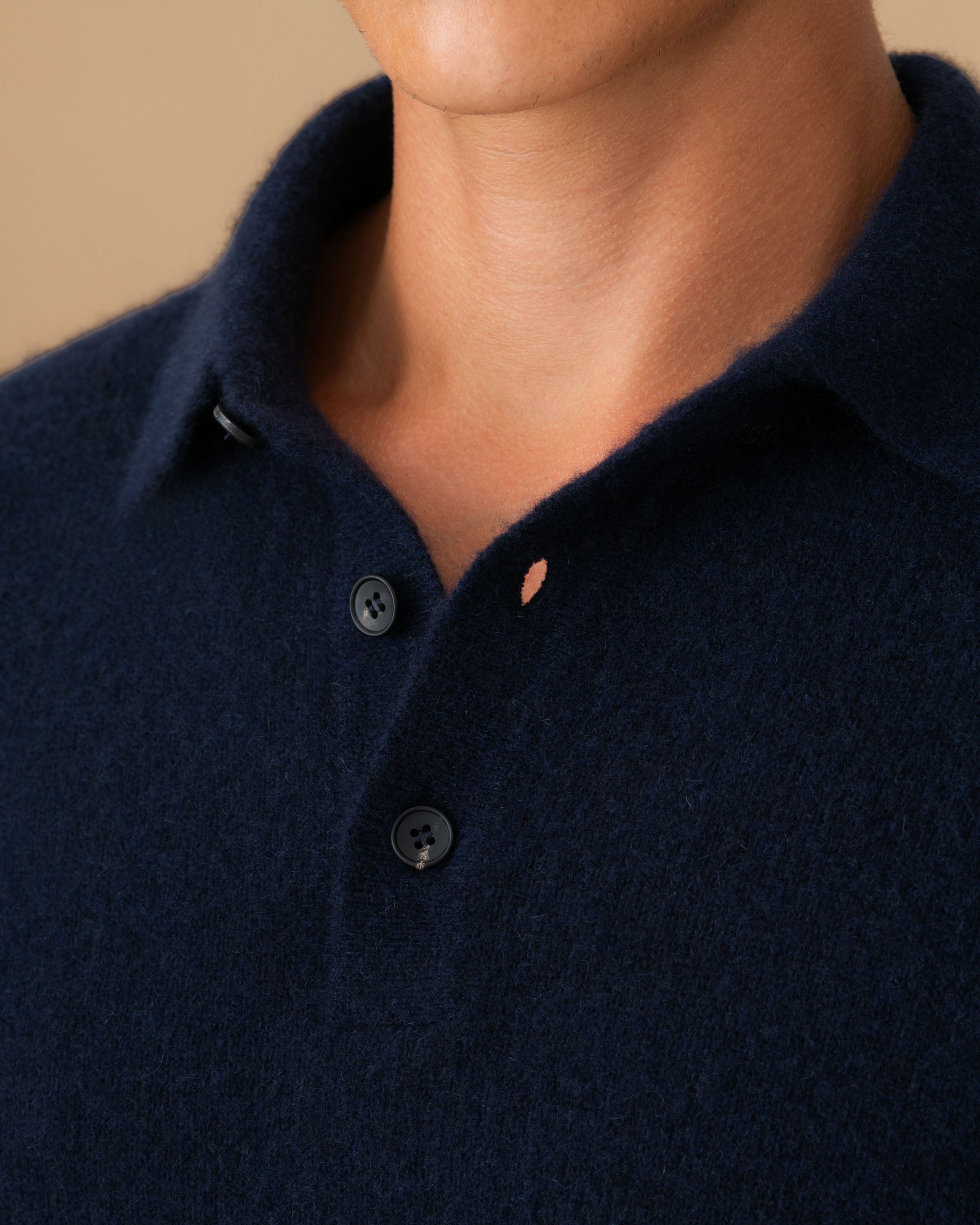 Brushed Cashmere Silk Long Sleeve Polo Shirt Navy Collar Model Image