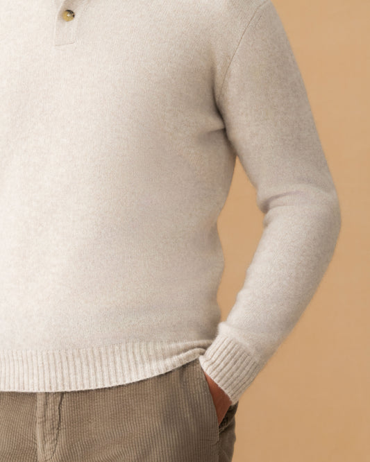 Brushed Cashmere Silk Long Sleeve Polo Shirt Oat Sleeve Model Image