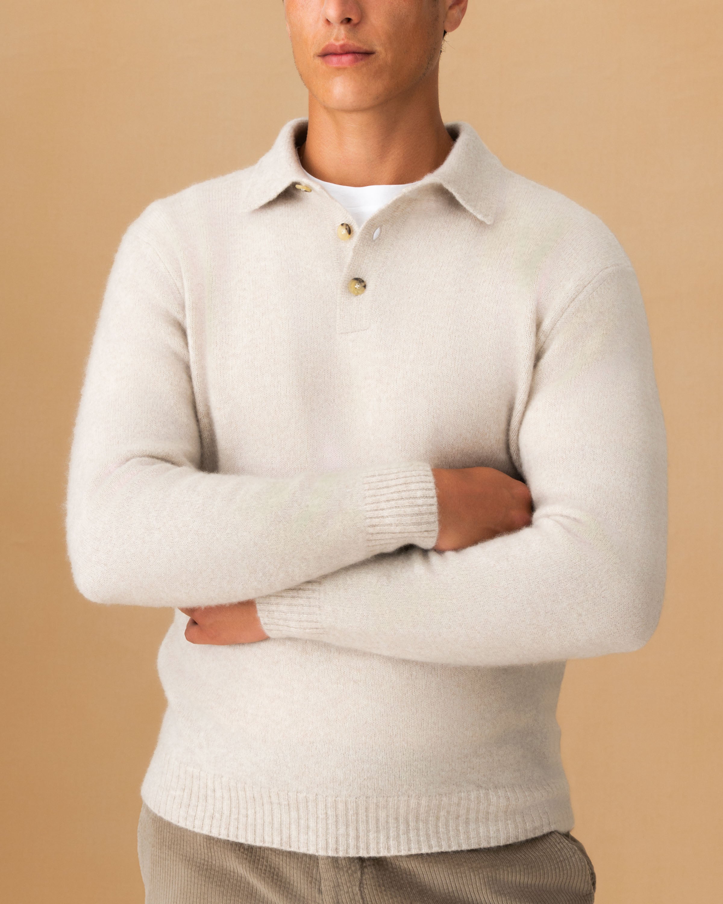 Brushed Cashmere Silk Long Sleeve Polo Shirt Oat Cropped Model Image