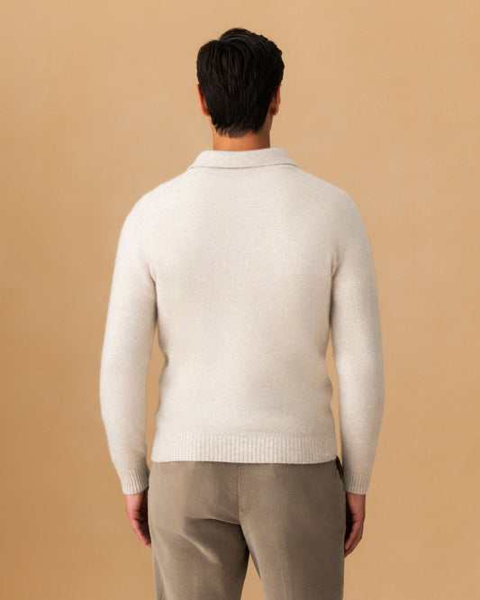 Brushed Cashmere Silk Long Sleeve Polo Shirt Oat Back Model Image