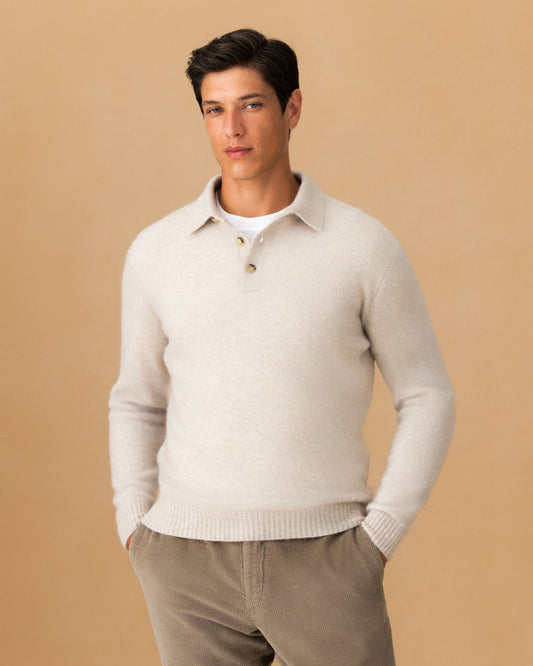 Brushed Cashmere Silk Long Sleeve Polo Shirt Oat Main Model Image