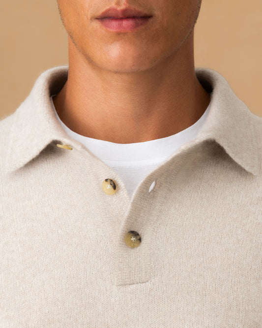 Brushed Cashmere Silk Long Sleeve Polo Shirt Oat Collar Model Image
