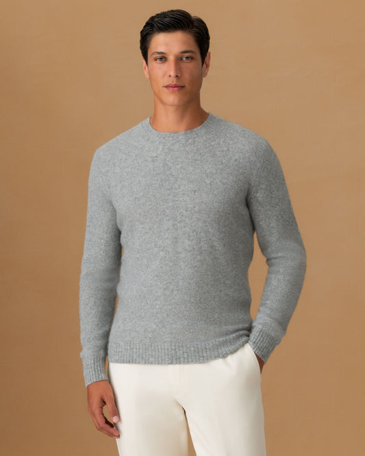 Brushed Cashmere Silk Crew Neck Sweater Light Grey Cropped Model Image