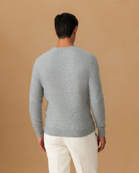 Brushed Cashmere Silk Crew Neck Sweater Light Grey Back Model Image