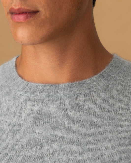 Brushed Cashmere Silk Crew Neck Sweater Light Grey Neck Model Image