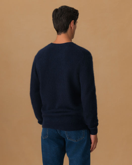 Brushed Cashmere Silk Crew Neck Sweater Navy Back Model Image