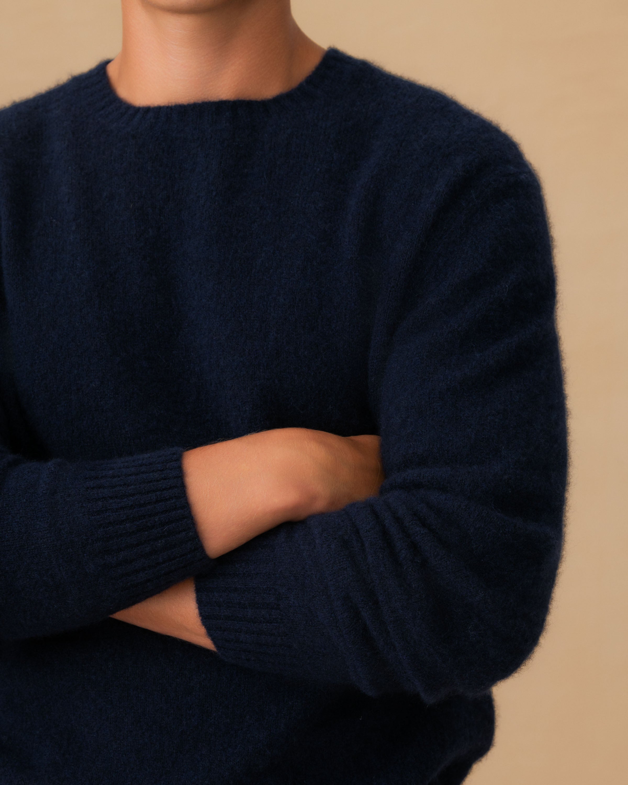 Brushed Cashmere Silk Crew Neck Sweater Navy Sleeve Model Image