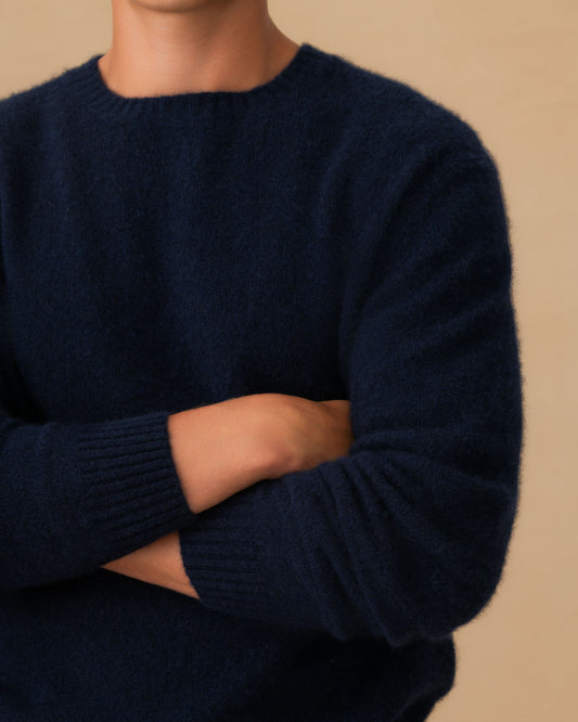 Brushed Cashmere Silk Crew Neck Sweater Navy Sleeve Model Image