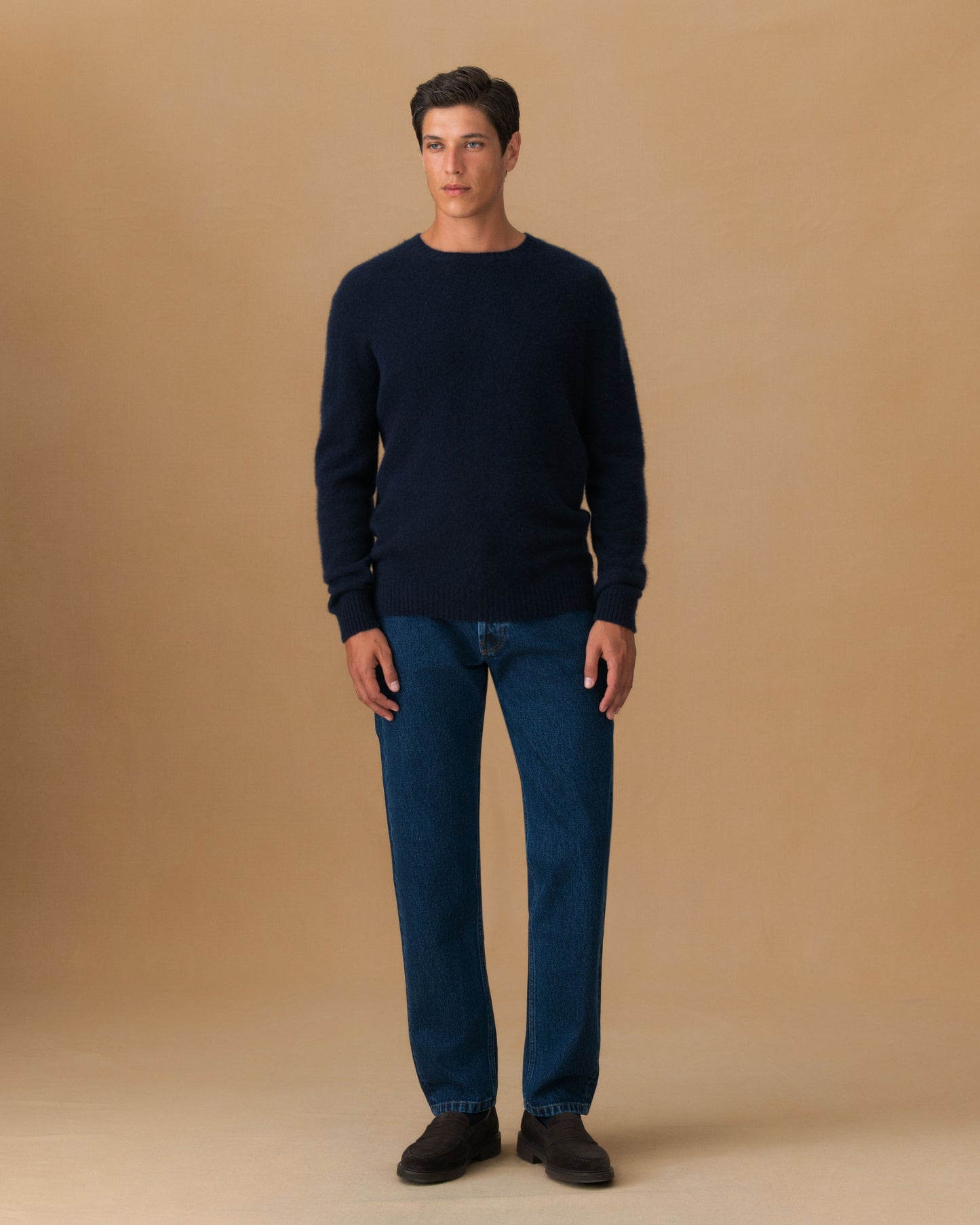 Brushed Cashmere Silk Crew Neck Sweater Navy Main Model Image