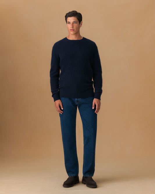 Brushed Cashmere Silk Crew Neck Sweater Navy Main Model Image