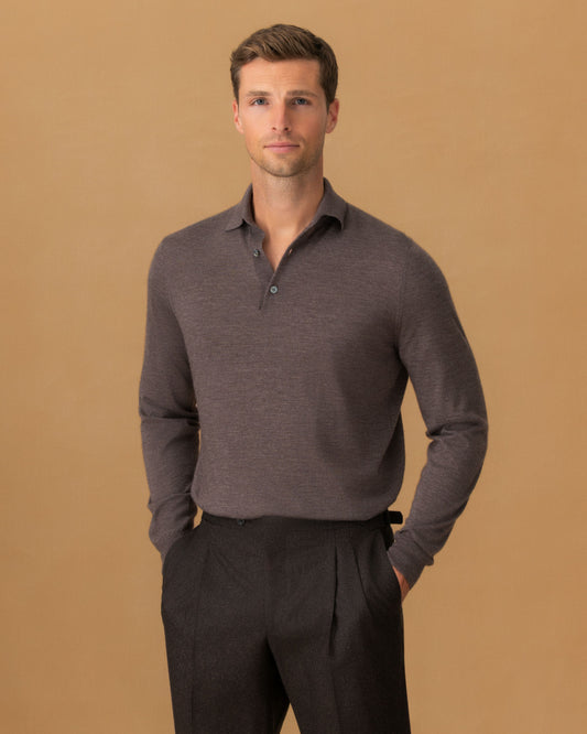 Cashmere Silk Extrafine Long Sleeve Polo Shirt Brown Cropped Model Image