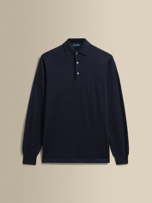 Cashmere Silk Extrafine Long Sleeve Polo Shirt Dark Navy Product Image