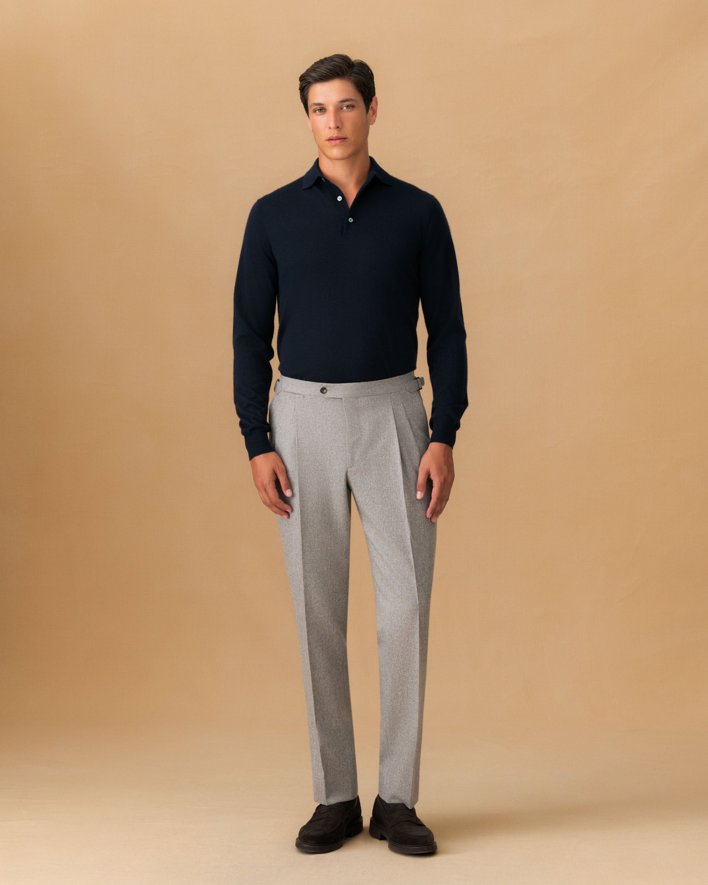 Cashmere Silk Extrafine Long Sleeve Polo Shirt Dark Navy Main Model Image