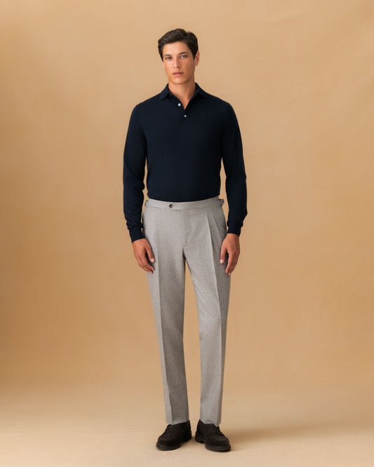 Cashmere Silk Extrafine Long Sleeve Polo Shirt Dark Navy Main Model Image