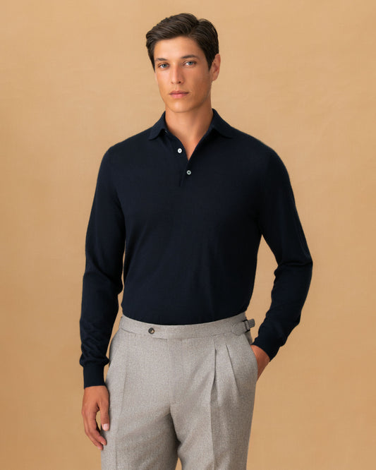 Cashmere Silk Extrafine Long Sleeve Polo Shirt Dark Navy Cropped Model Image