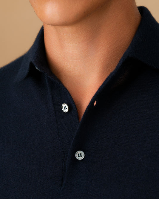 Cashmere Silk Extrafine Long Sleeve Polo Shirt Dark Navy Collar Model Image