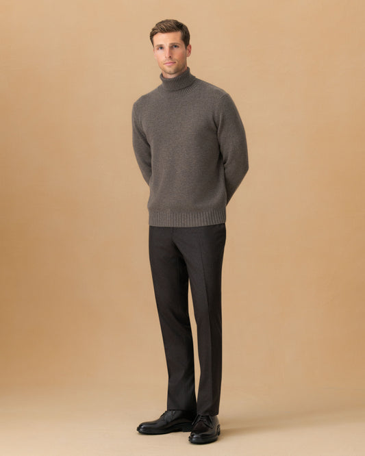 Virgin Wool Flat Front Tailored Trousers Dark Brown Main Model Image