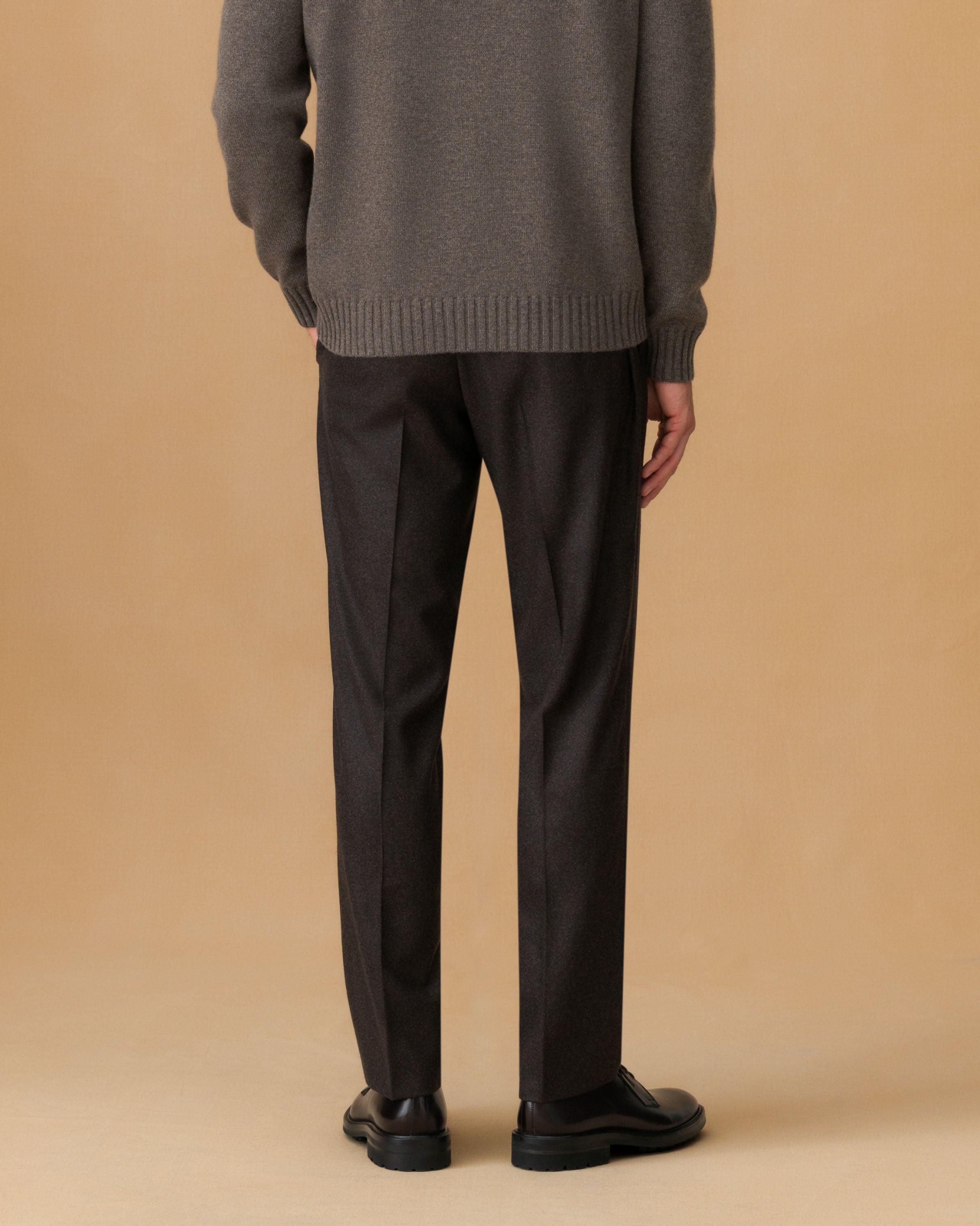 Virgin Wool Flat Front Tailored Trousers Dark Brown Back Model Image