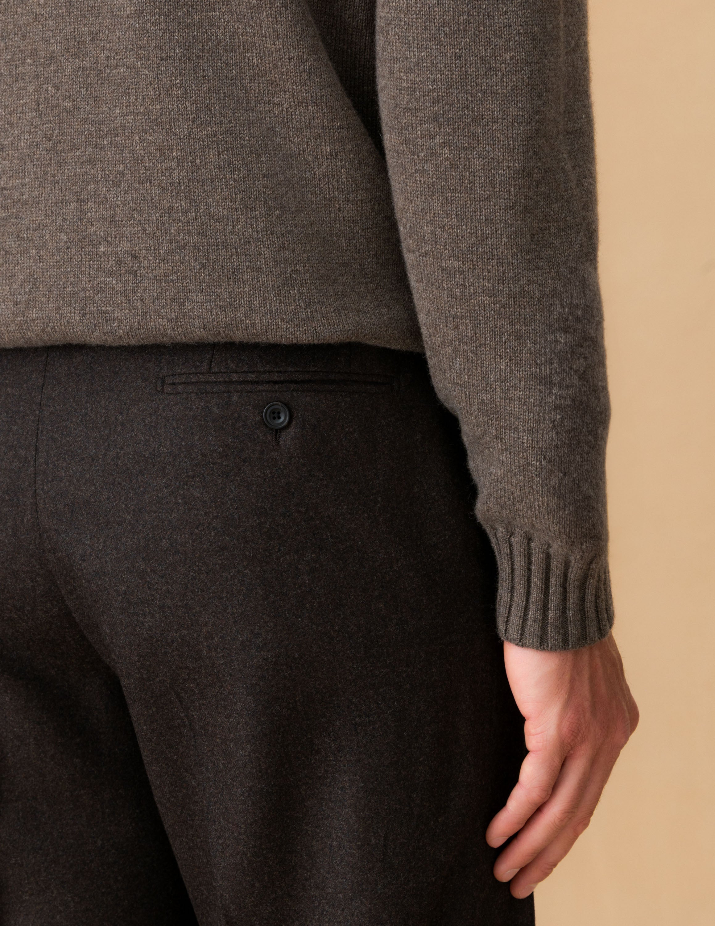 Virgin Wool Flat Front Tailored Trousers Dark Brown Button Model Image