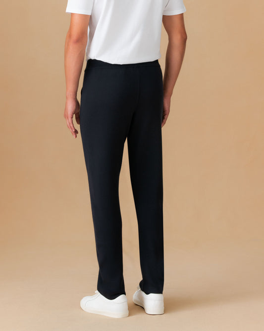 Virgin Wool Knit Track Pant Navy Back Model Image