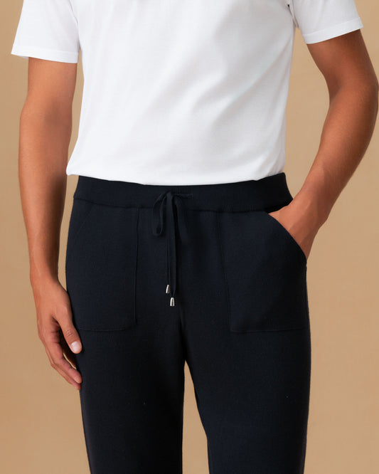 Virgin Wool Knit Track Pant Navy Cropped Model Image
