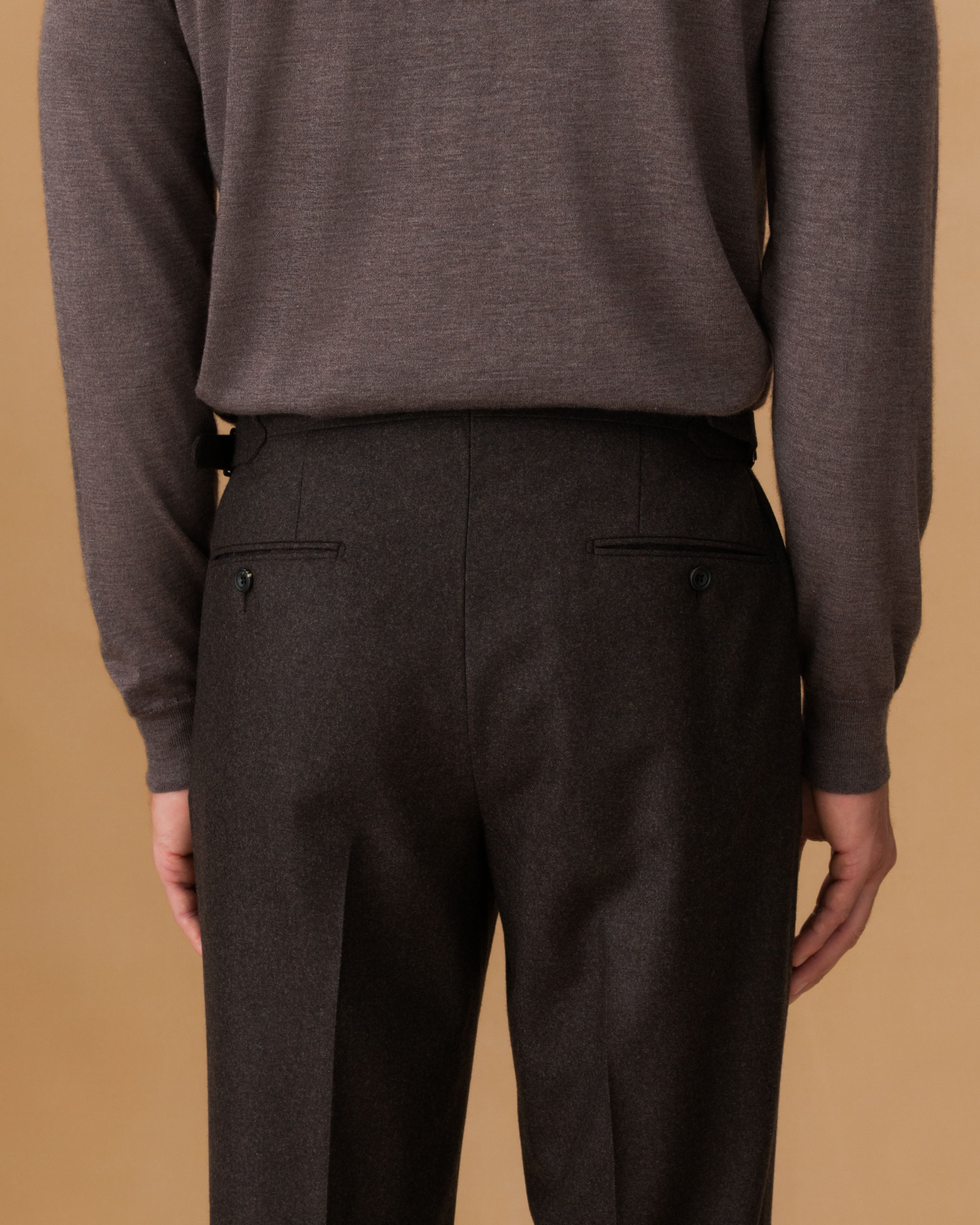 Wool Double Pleat Tailored Trousers Dark Brown Back Model Image