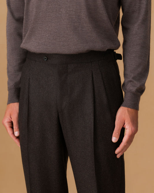 Wool Double Pleat Tailored Trousers Dark Brown Cropped Model Image