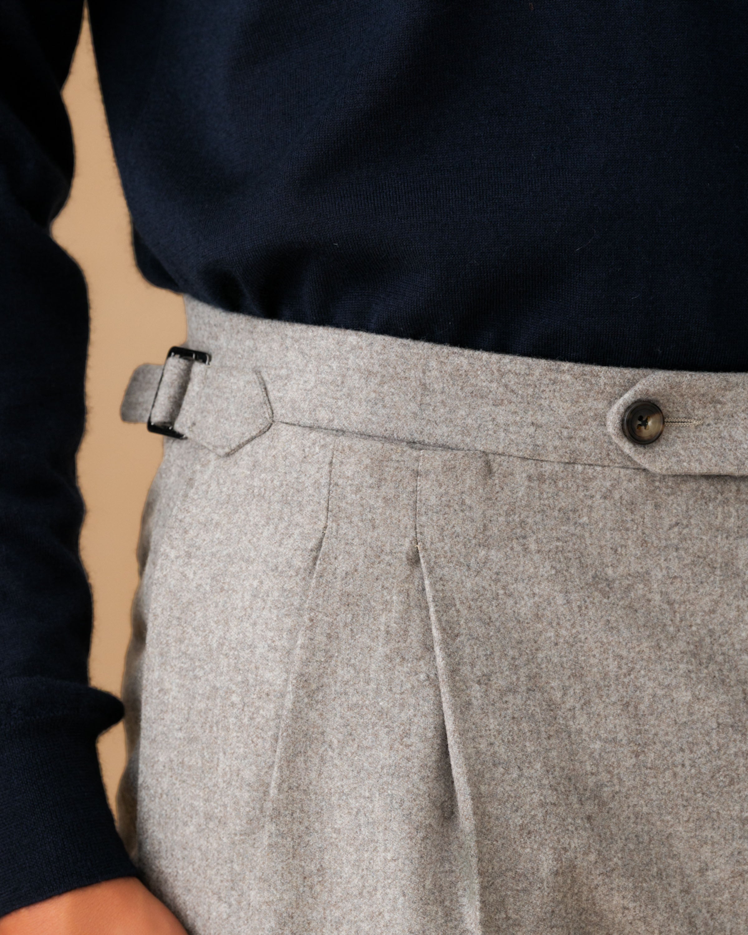 Virgin Wool Double Pleat Tailored Trousers Mid Grey Button Model Image