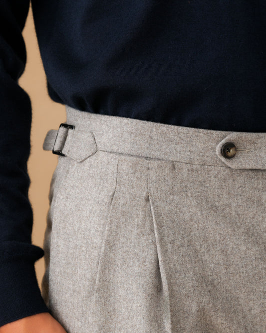 Virgin Wool Double Pleat Tailored Trousers Mid Grey Button Model Image