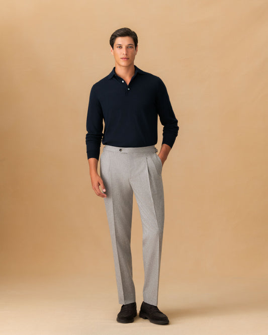 Virgin Wool Double Pleat Tailored Trousers Mid Grey Main Model Image