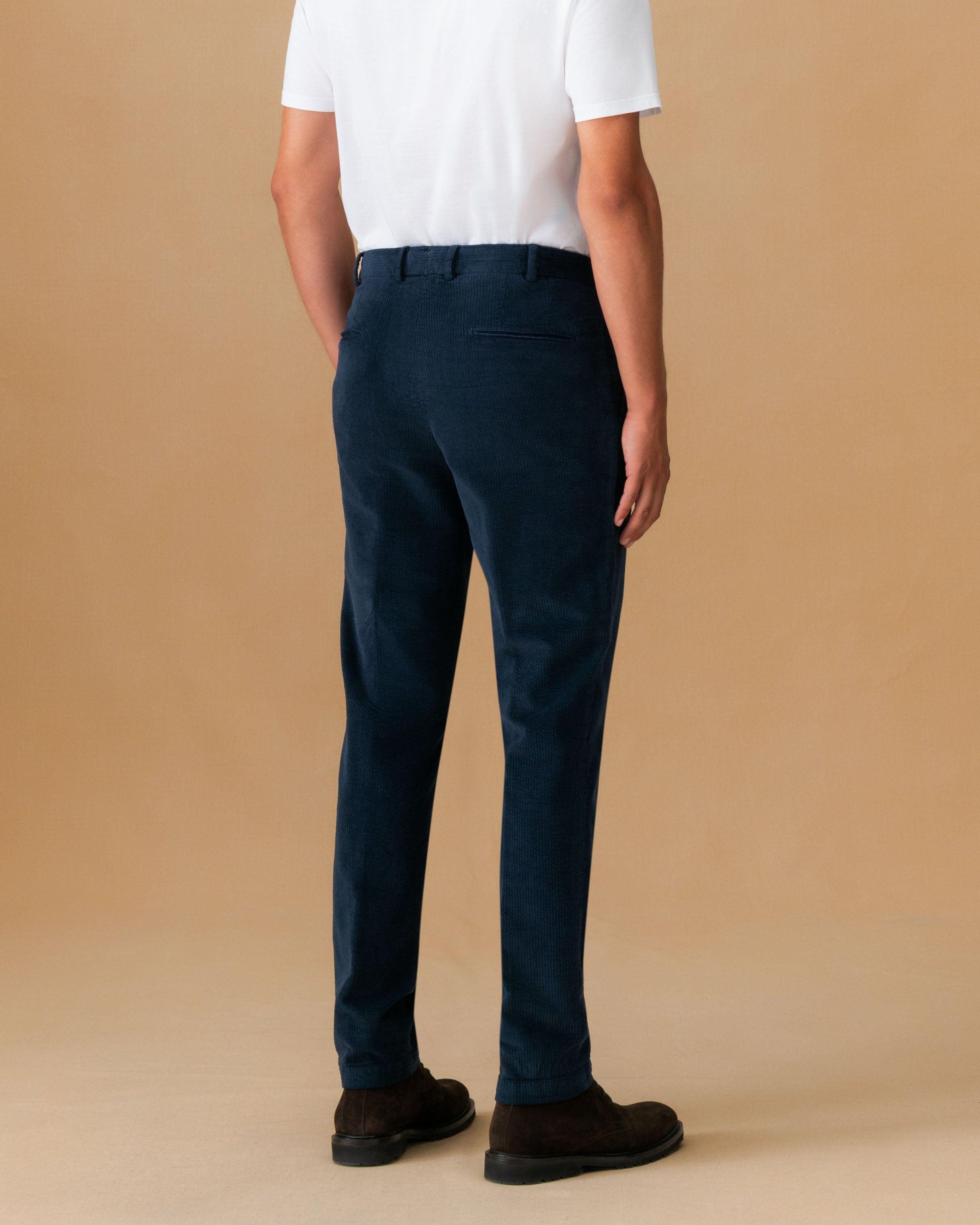 Corduroy Flat Front Chinos Navy Back Model Image