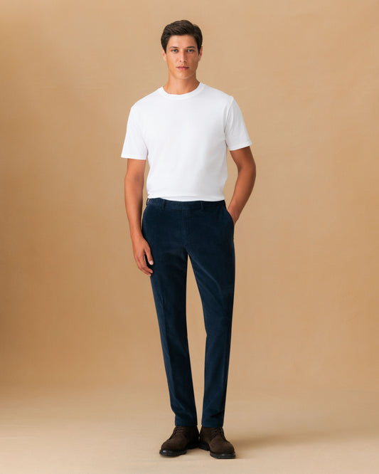 Corduroy Flat Front Chinos Navy Main Model Image