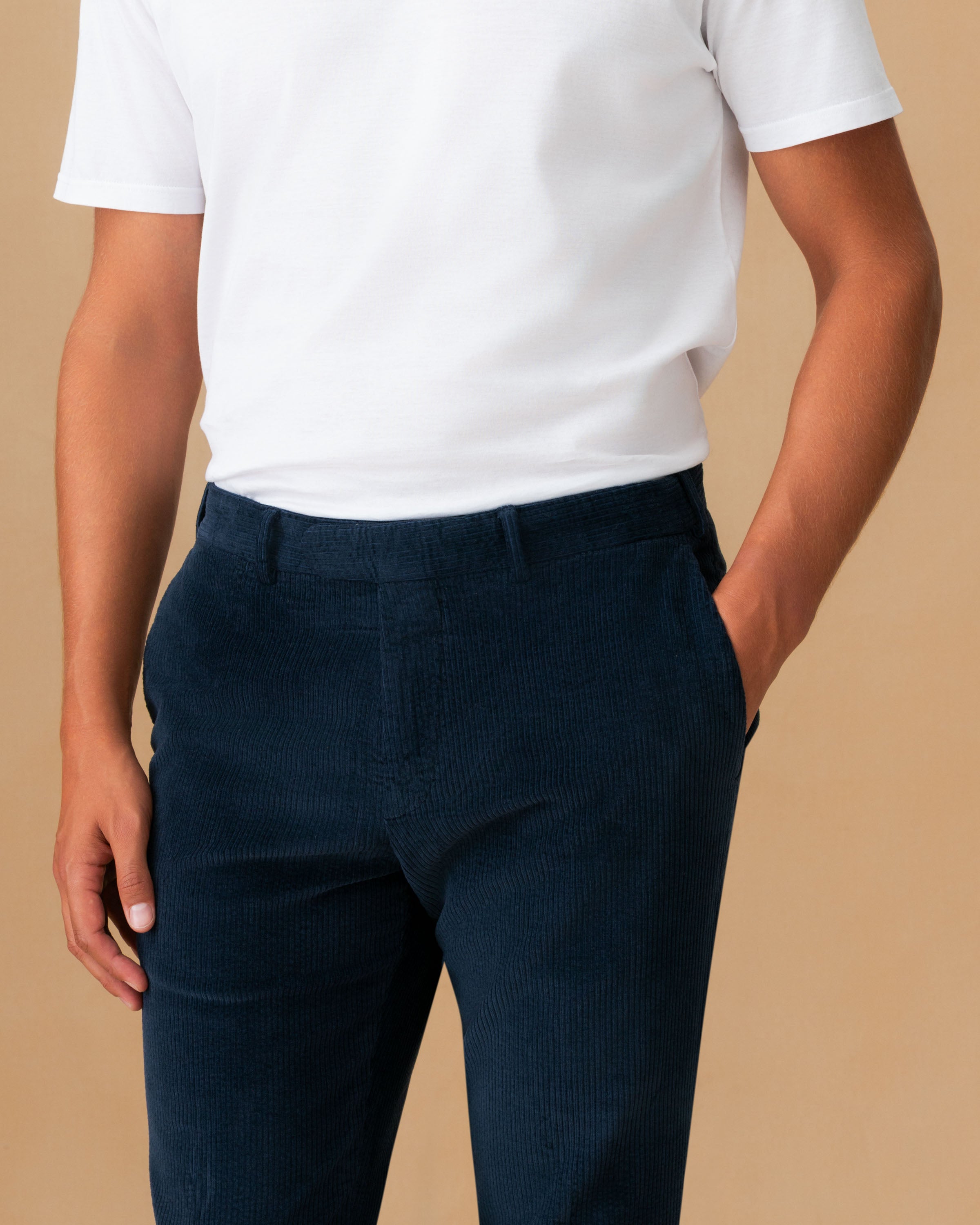 Corduroy Flat Front Chinos Navy Cropped Model Image