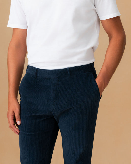 Corduroy Flat Front Chinos Navy Cropped Model Image