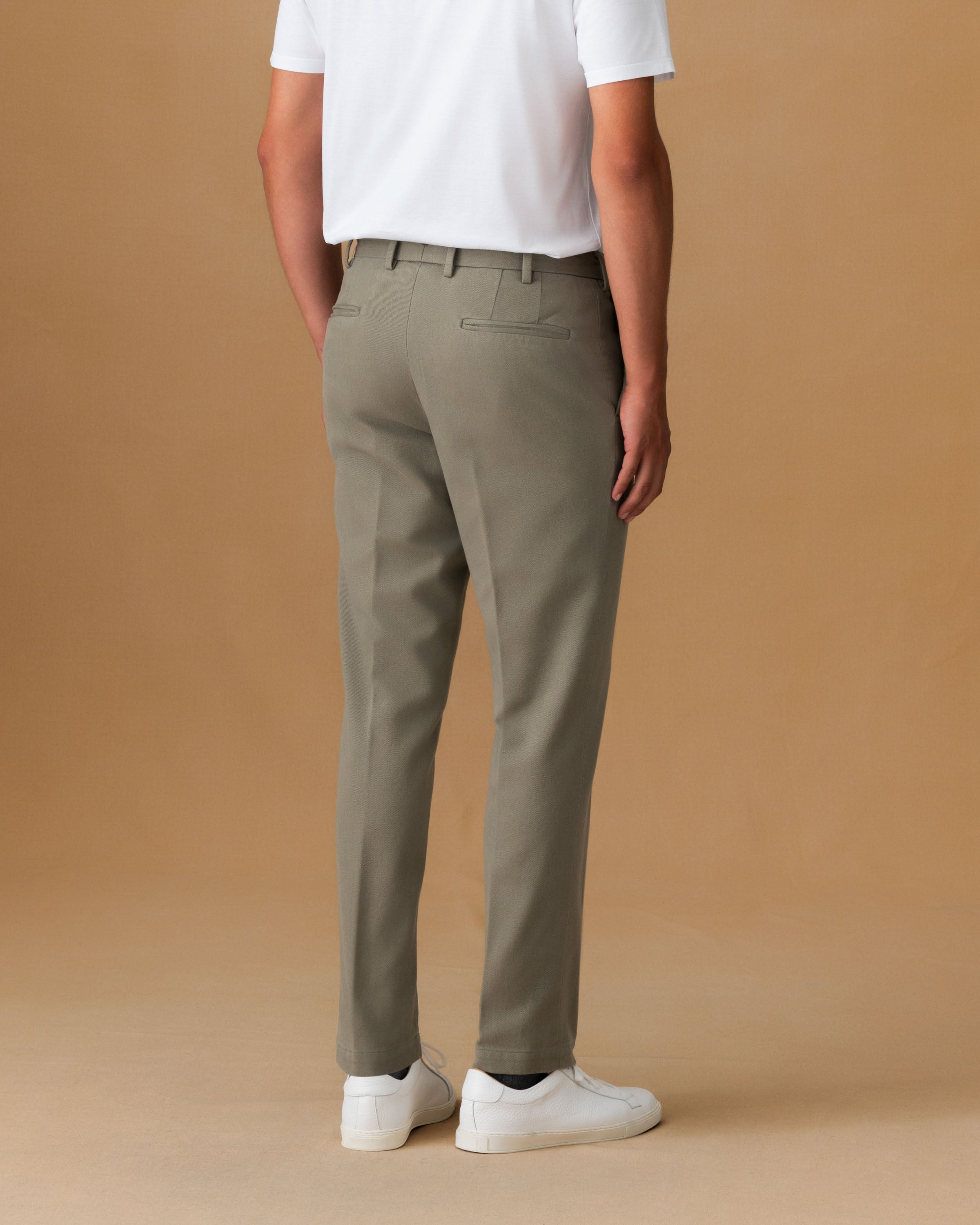Cotton Twill Flat Front Chinos Mud Back Model Image