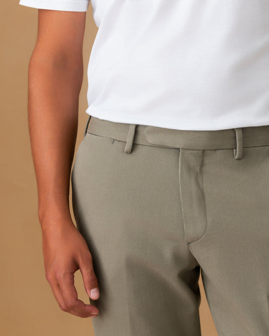 Cotton Twill Flat Front Chinos Mud Cropped Model Image
