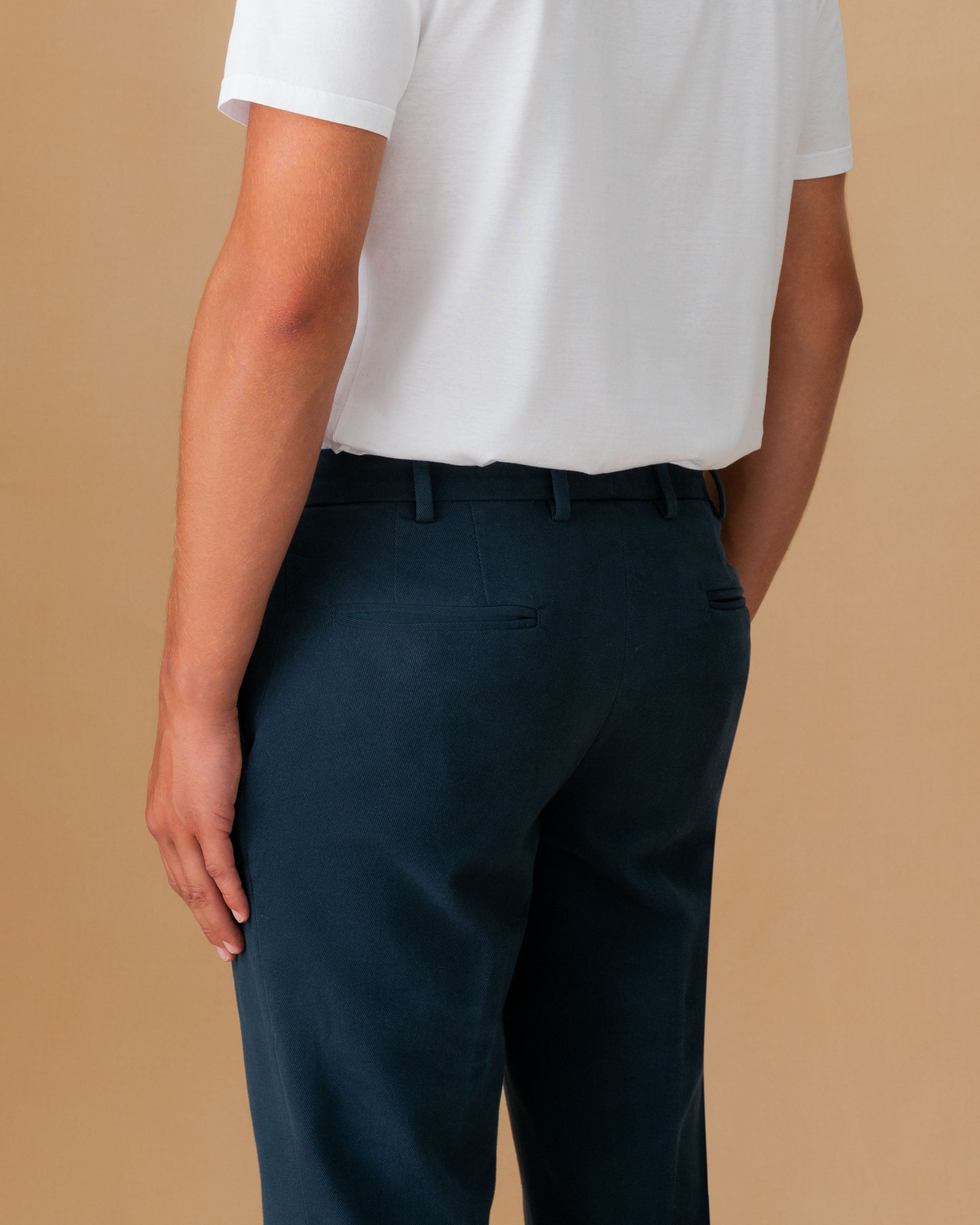 Cotton Twill Flat Front Chinos Navy Model Pocket Image