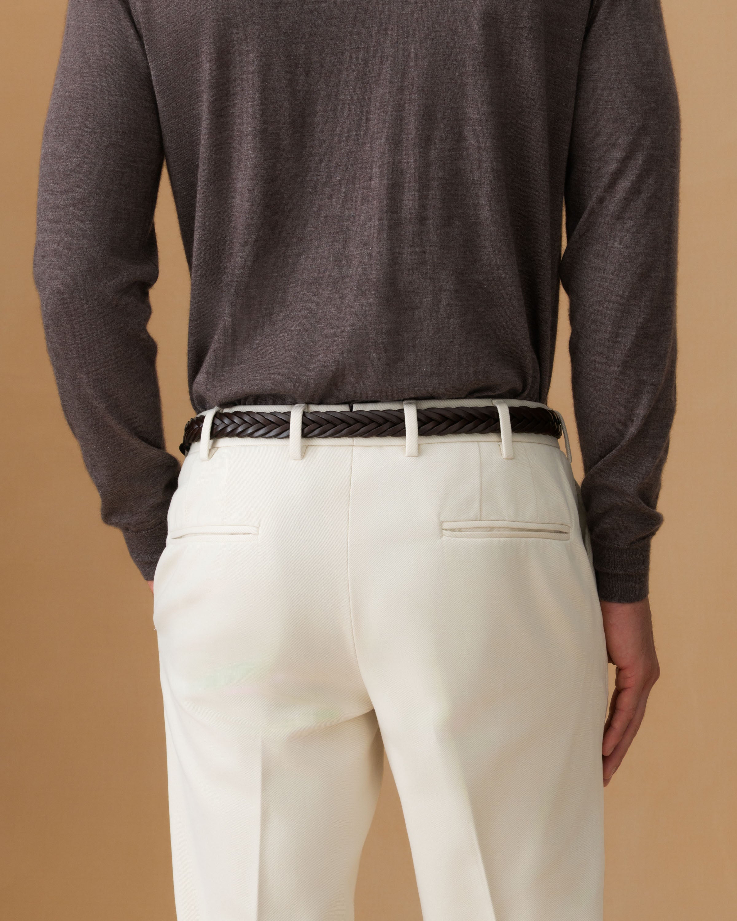Cotton Twill Flat Front Chinos Off White Model Pocket Image