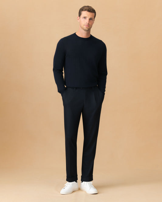 Wool Jersey Single Pleat Elasticated Trousers Navy Main Model Image