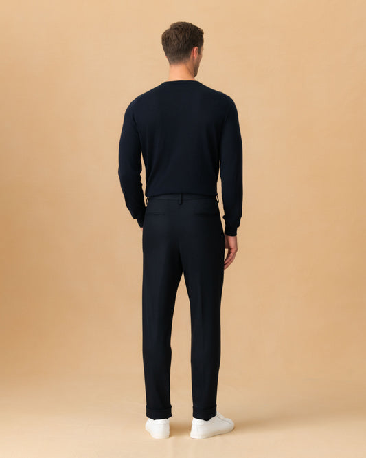 Wool Jersey Single Pleat Elasticated Trousers Navy Back Model Image