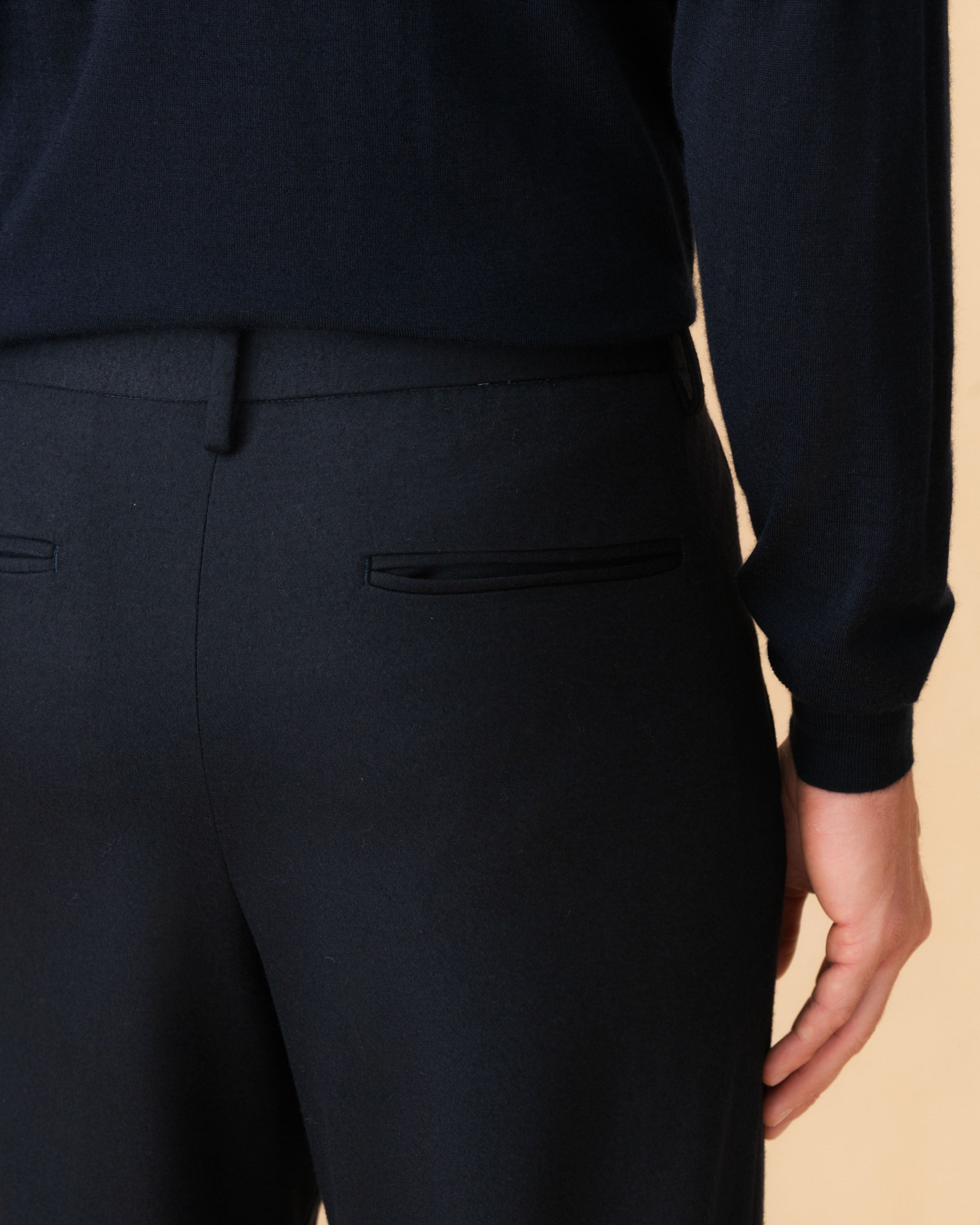 Wool Jersey Single Pleat Elasticated Trousers Navy Pocket Model Image