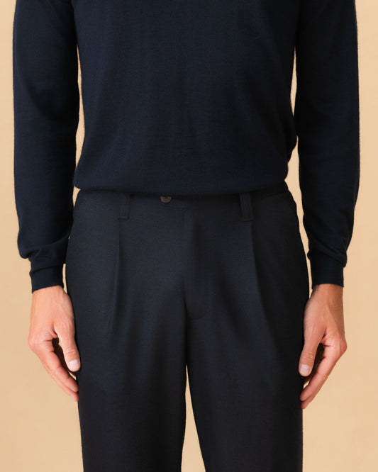 Wool Jersey Single Pleat Elasticated Trousers Navy Waist Model Image